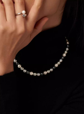 法式复古独白灰序项链女轻奢高级设计感施家珍珠时尚百搭锁骨颈链