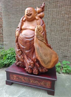 天然根艺根雕木雕香樟木弥勒笑佛装饰观赏家居办公乔迁送礼佛摆件