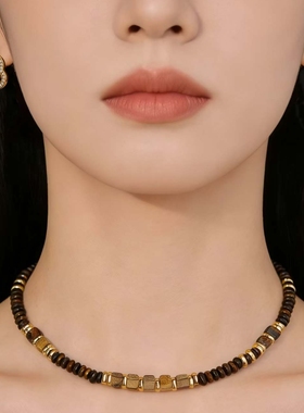 美拉德复古串珠锁骨链虎眼石项链