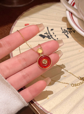 新中式复古安可拉红平安扣项链女轻奢小众高级感钛钢锁骨链颈链