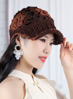 百搭帽冰丝新款夏季钩花时尚鸭舌帽编织女士手工针织镂空鸭舌女帽