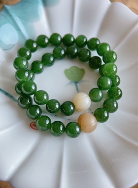 高品质天然和田碧玉辣冰菠菜绿浓阳绿糖白玉莲花珠手链大珠子手串
