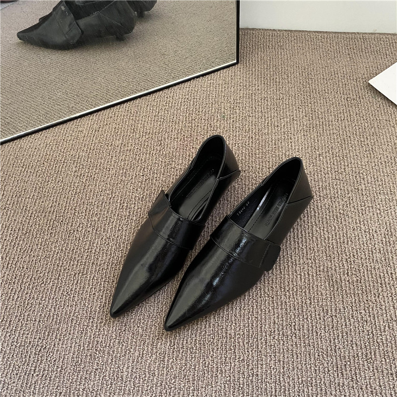 2022秋季新款魔术贴尖头小细跟低跟单鞋深口软底猫跟小皮鞋英伦风 - 图1