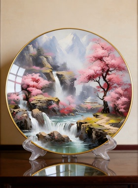 新中式山水鎏金木板摆件客厅玄关电视柜招财装饰品办公室乔迁礼物
