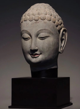 仿古石雕北齊青州佛造像佛头佛首摆件玄幻客厅彩绘摆件