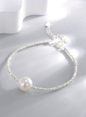 S925纯银韩版碎银几两方块项链女不规则碎银子淡水珍珠手链锁骨链