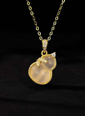 S925纯银镀黄金色金枝玉叶天然高冰玉髓葫芦项链镶嵌玉石福禄吊坠