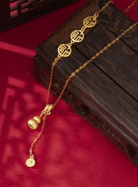 s925纯银镀黄金色首饰新款中式流苏葫芦项链女拉丝葫芦福字锁骨链