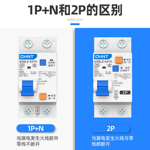 正泰小型漏电保护器NXBLE-63YH家用1P+N 32A两位空气开关带漏保2p - 图1