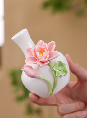 景德镇手工陶瓷荷花瓶小清新文艺摆件家用客厅插花家居仿真花送礼
