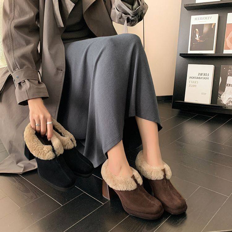 秋冬季皮靴粗跟高跟裸靴深口棕色咖啡色靴子增高厚底真皮女靴JXM,淘宝优惠券,粉丝福利购,淘宝优惠卷