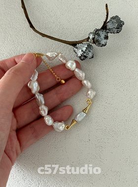 c57法式巴洛克淡水珍珠小胡子手链银镀金18k