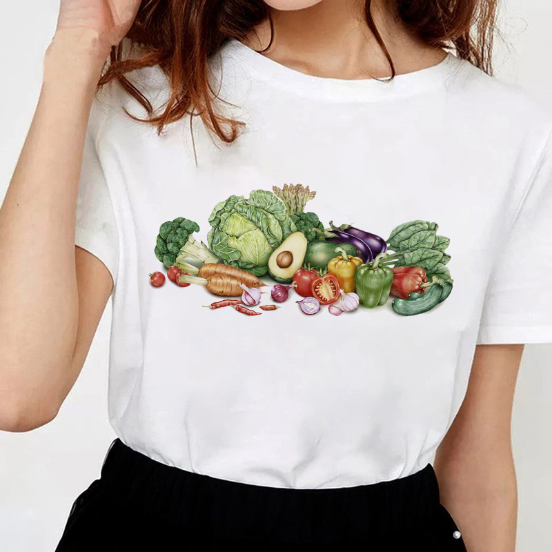 Vegetables Print蔬菜水果ins超火短袖t恤女宽松短款打底衫上衣潮 - 图2