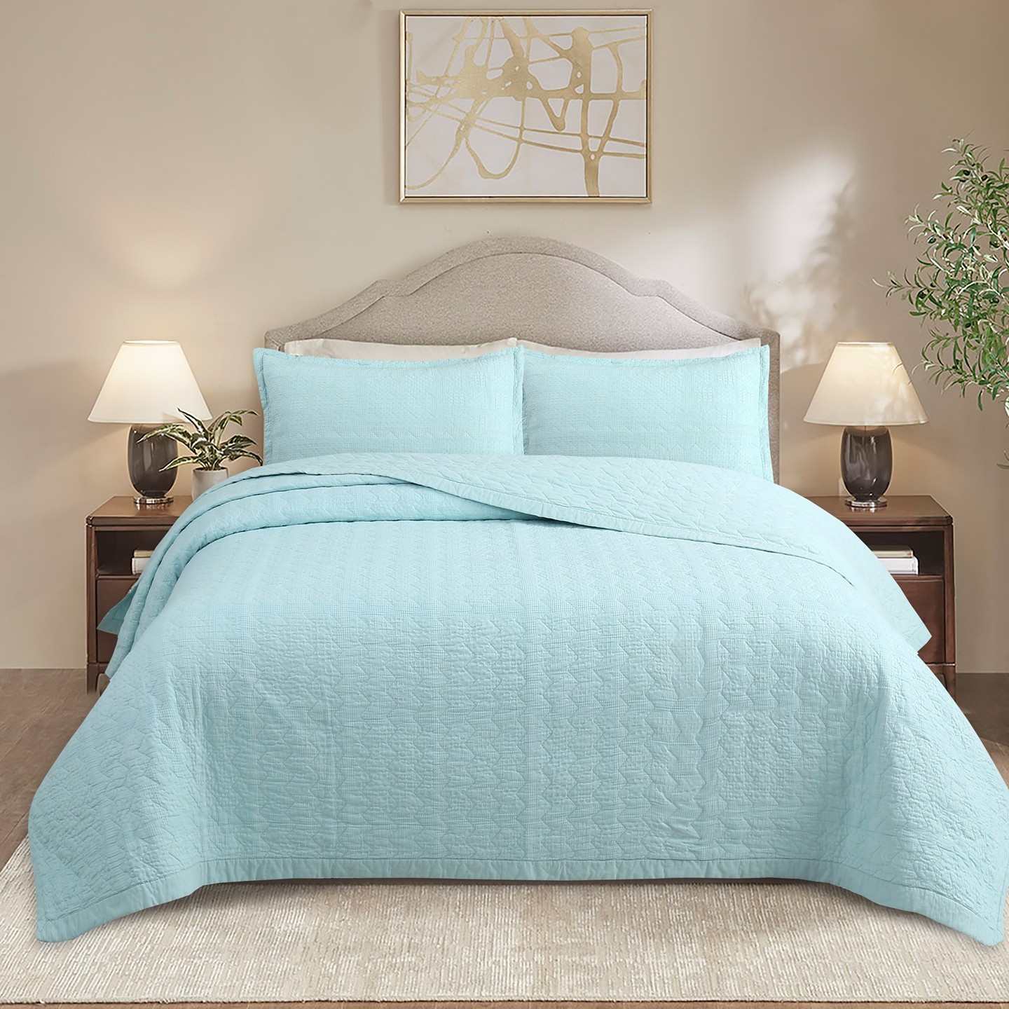 全棉华夫格素色双人床盖三件套绗缝夹棉床单双面空调被防滑轻奢,淘宝优惠券,粉丝福利购,淘宝优惠卷