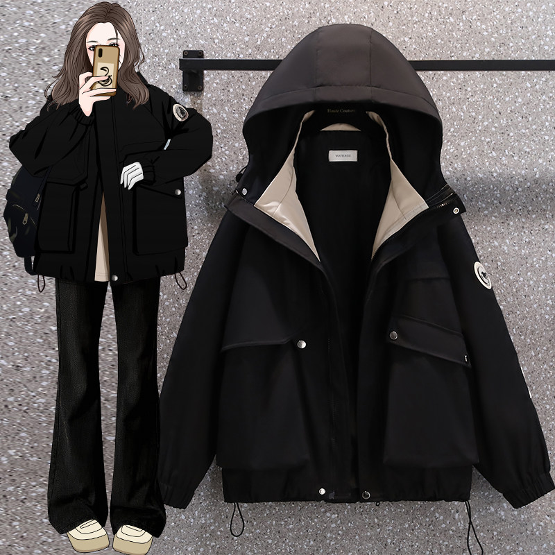 胖MM大码春秋装2025年新款帅气宽松减龄显瘦连帽山本风风衣外套女,淘宝优惠券,粉丝福利购,淘宝优惠卷