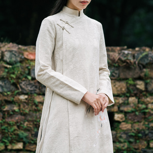 提花纯棉绑带改良汉服汉元素古风女装连衣裙日常古筝茶人服 米色
