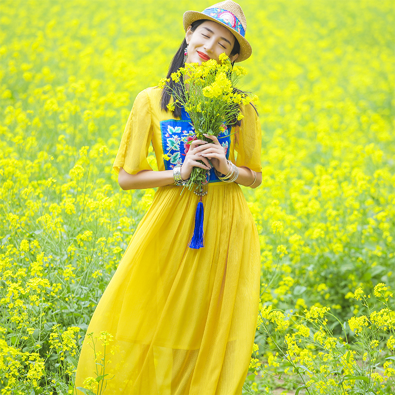 千蹈妆原创设计萦香裙夏新民族风黄色绣花改良汉服收身显瘦连衣裙