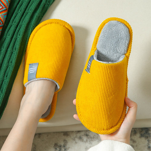 冬季包头居家木地板布标灯芯绒室内地板家防滑家居保暖情侣棉拖鞋 - 图1