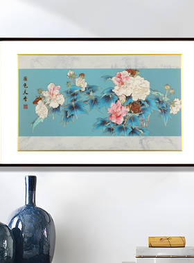 新中式餐厅装饰画牡丹花客厅沙发