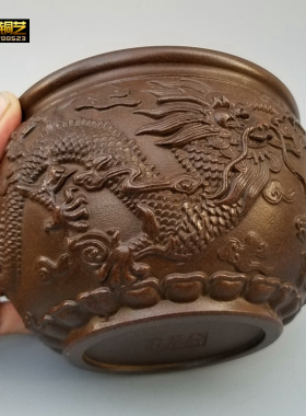 铜香炉聚财龙缸黄铜缸双龙戏珠缸家用办公文房用品铜笔洗装饰摆件