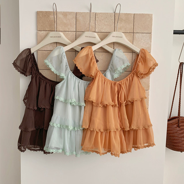 Huahuajia Korean style sweet square neck tie ruffled small flying sleeves chiffon lace shirt for women cake lace top for women