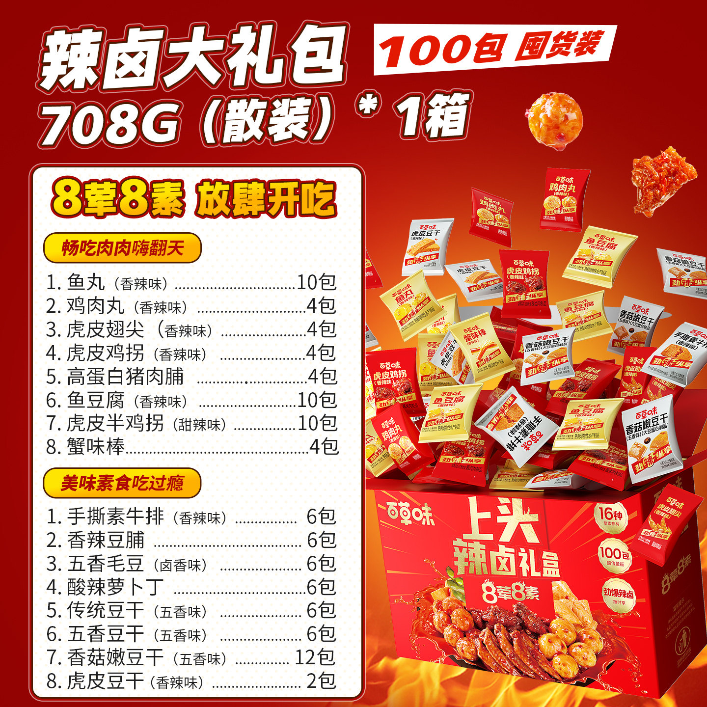 【到手130包】百草味上头辣卤零食大礼包肉脯卤味解馋零食麻辣味