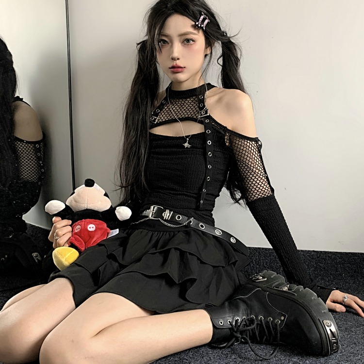 暗黑爵士舞蹈服穿搭套装渔网辣妹上衣y2k甜热辣女团kpop舞台演出 - 图0