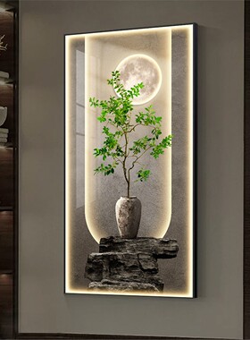 高级自带光影绿植入户玄关装饰画发光带灯走廊过道挂画客厅壁画