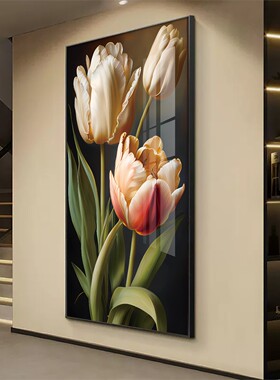 花卉郁金香玄关装饰画高档镶钻带灯入户落地画艺术油画走廊挂画