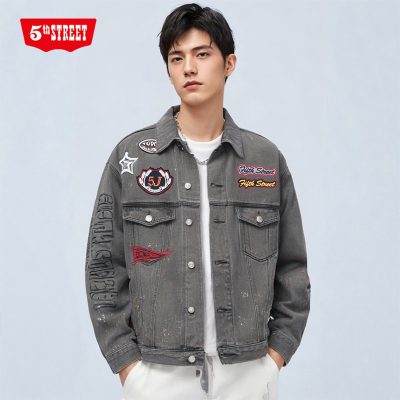 第五街5th street男装春秋宽松时尚绣章牛仔夹克外套350551-221 - 图2