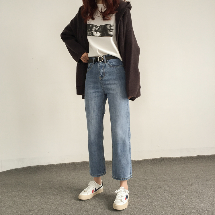 宽松显瘦休闲百搭九分牛仔裤女高腰直筒牛仔裤子 韩版 经典款 chic 宽松显瘦休闲百搭九分牛仔裤女高腰直筒牛仔裤子 韩版 经典款 chic