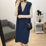 Корейская версия Solid Color v -neck Mid -Length вязаная ...