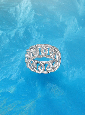 Witther满钻古巴链条戒指925银镂空设计宽版镶钻编织戒指小众高级