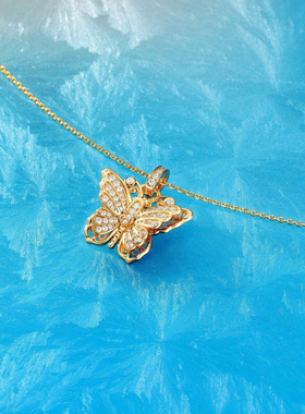 Witther原创古法轻奢满钻立体蝴蝶项链小众镂空雕刻锁骨链925银女