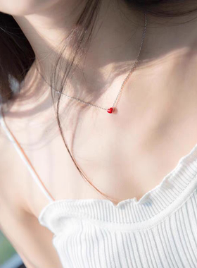 S925银项链女森系文艺红色爱心项链气质甜美心形短款锁骨链D2797