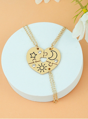 三人爱心拼接项链合金镶钻吊坠