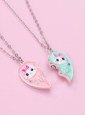 闺蜜猫咪磁吸项链卡通爱心拼接