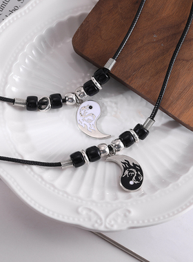 中国风太极款双龙项链皮绳串珠链