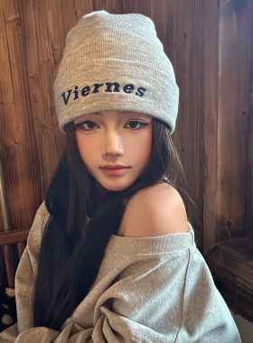 秋冬双层毛线帽男女通用户外保暖针织套头帽刺绣字母护耳跑步百搭