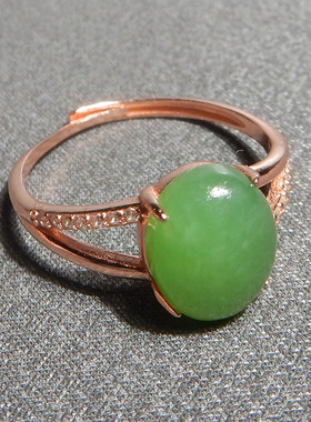 特惠秒杀价158方言和田玉精品俄罗斯老坑料阳绿碧玉银镶玉戒指R5