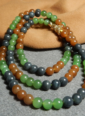 震撼方言和田玉特色新疆且末红糖碧玉墨玉多宝8mm圆珠特色项链X3