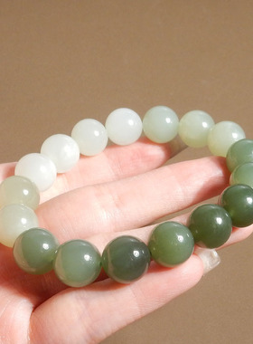 美美哒方言和田玉精品特色青海老坑渐变湖水绿卡12mm手链手串A2
