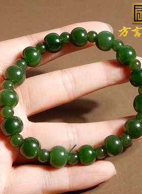 稀缺方言和田玉精品俄罗斯老坑料辣阳绿碧玉老型珠配圆珠手串A6