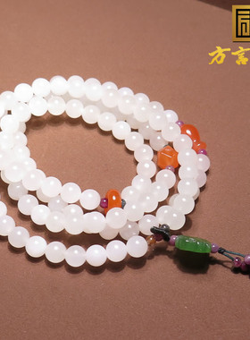 方言和田玉精品放漏青海老坑白玉设计感南红碧玉108多圈手串A2