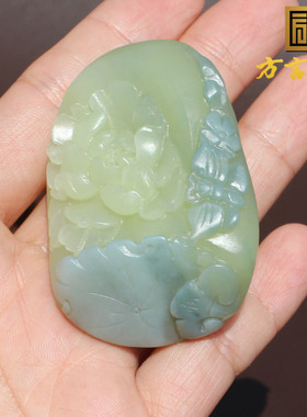 和田玉新疆黄口料蓝玉共生手把件