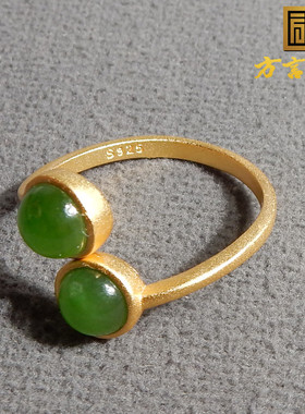 美美哒方言和田玉佩戴级俄罗斯玉碧玉阳绿冰底镶嵌福豆戒指戒圈A2