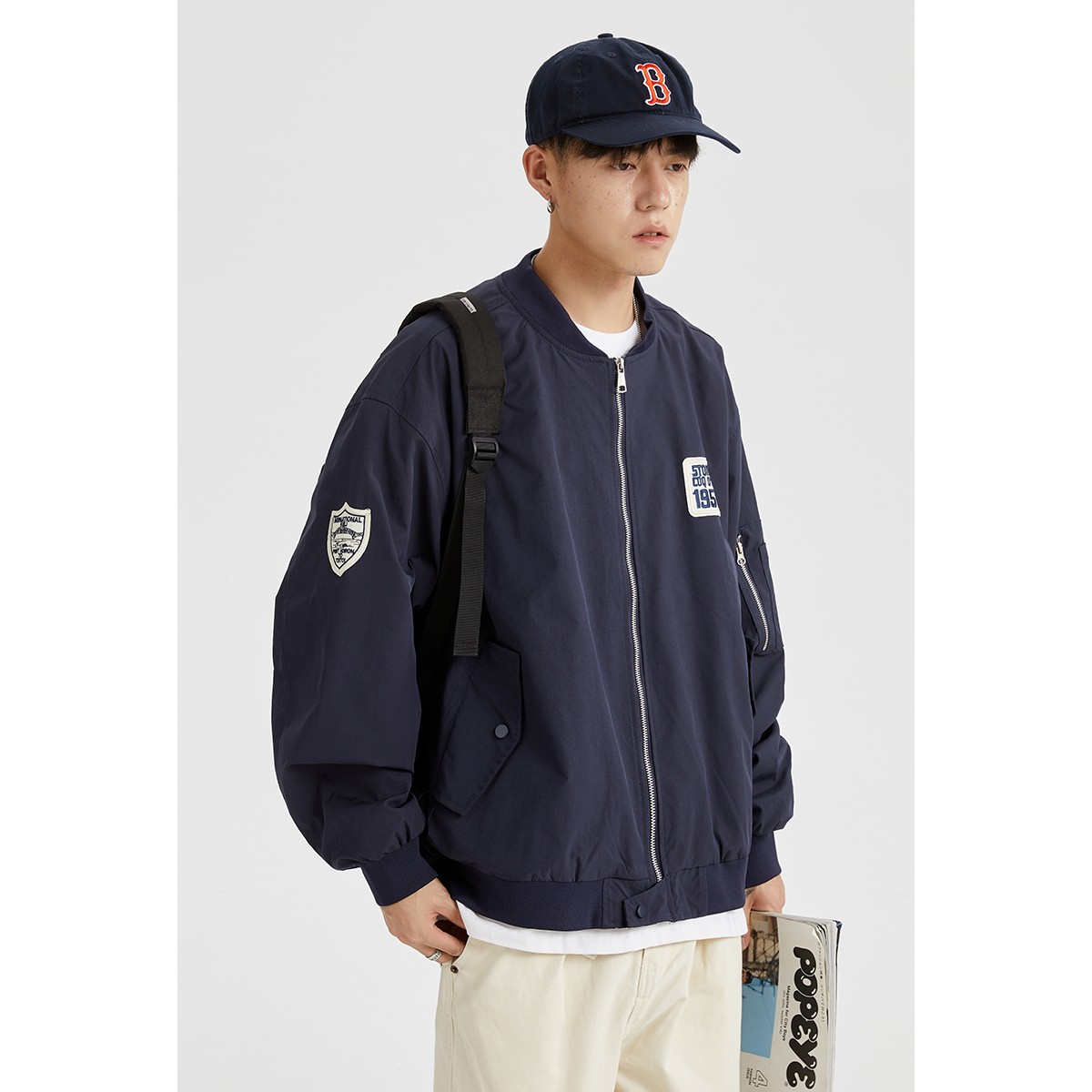 男道日系纯色立领飞行员夹克男士秋季美式宽松潮流痞帅棒球服外套 - 图0