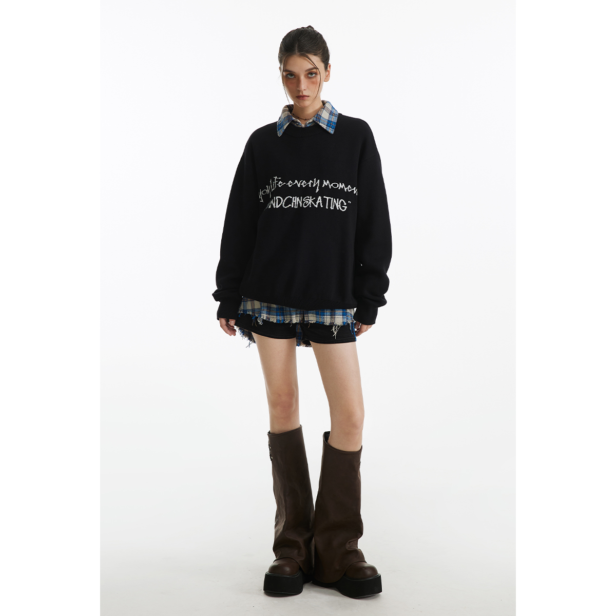 男道秋冬季国潮字母圆领套头毛衣男女美式潮牌慵懒风针织衫上衣 - 图2