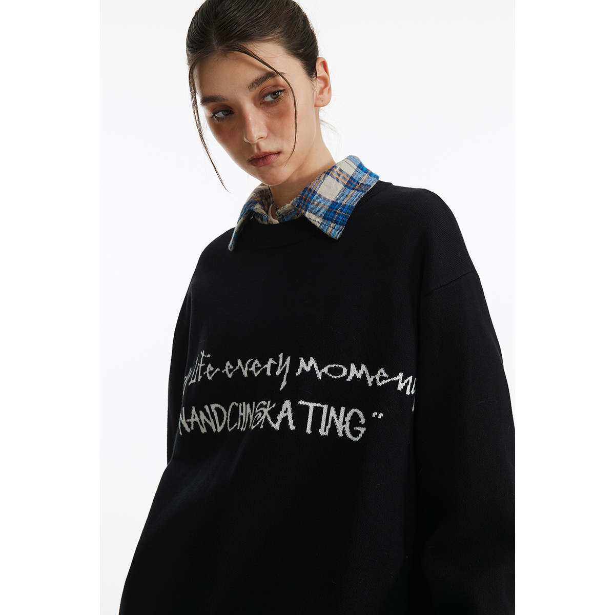 男道秋冬季国潮字母圆领套头毛衣男女美式潮牌慵懒风针织衫上衣 - 图1