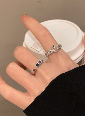 彩色多巴胺爱心彩虹锆石戒指女ins小众设计冷淡风甜酷辣妹个性潮